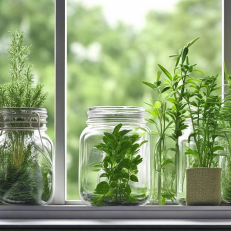 Glass jars with fresh herbs on windowsill, space for text. Gardening concept
