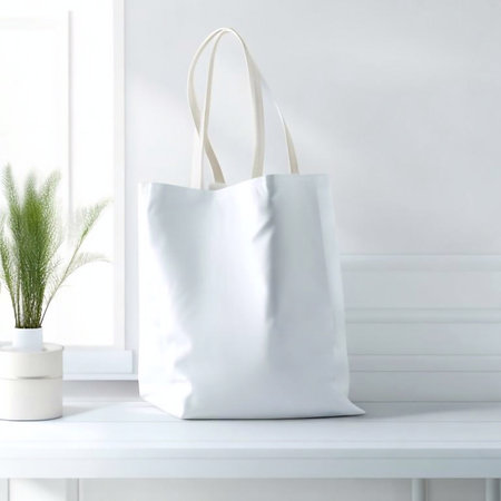 White shopping bag mockup on a white shelf. 3d renderingの写真素材