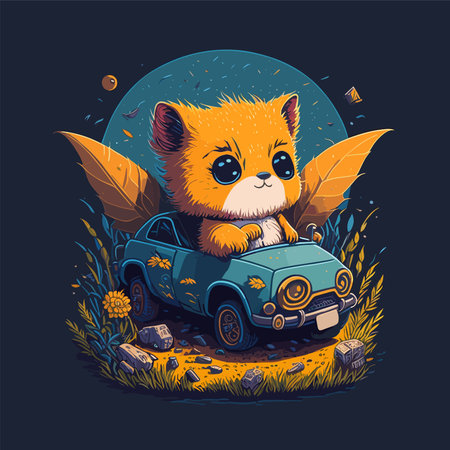 Cute little fox in the car. Vector illustration on a dark background.のイラスト素材