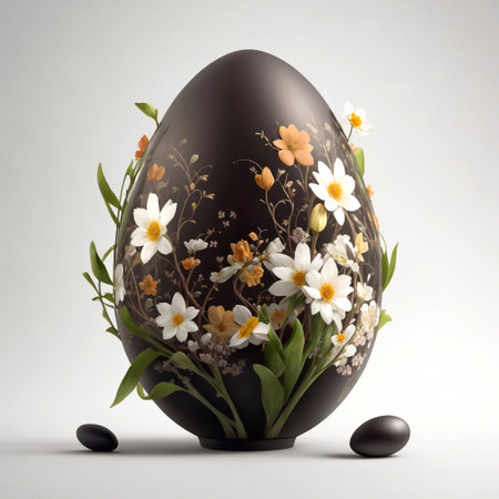 Easter egg decorated with flowers and leaves on a white background. 3D illustration.の写真素材