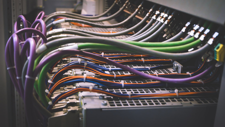 Colorful Wires PLC Cable in Control Panel Systemの写真素材