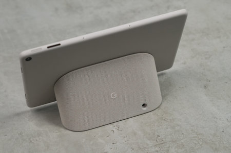 Wireless speaker on a gray background, close-up, top viewのeditorial素材