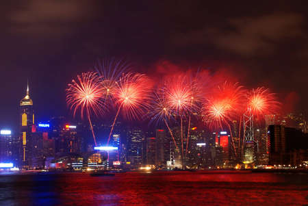 HONG KONG 01 OCT 2010 - Fireworks for celebration of  Chinese national day at the Victoria Harbor on Oct 01 2010 in Hong Kong China のeditorial素材