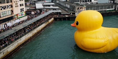 HONG KONG 11 MAY 2013 - Giant Rubber Duck looking at people in Victoria harbour on 11 May 2013 in Hong Kong. The 50 ft high inflatable duck named "Spreading Joy Around The World" is an art installation created by the Dutch artist Florentijn Hofman.のeditorial素材