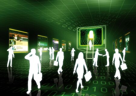 Concept of internet business illustrated with people doing business in futuristic virtual world.  の写真素材