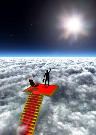 Illustration of a businessman standing in victory on top of the world.の写真素材