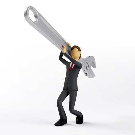 3d Businessman try to fix his problem with giant wrenchの写真素材