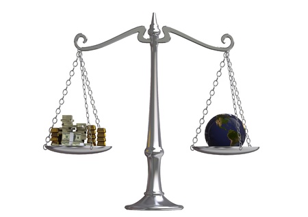 Conceptual image of balance scale between earth and profitsの写真素材