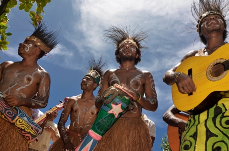 Travel Photography of Local people from Raja Ampat, Papua, Indonesia performing traditional art and cultural dance.のeditorial素材