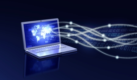 Conceptual image about how a a laptop computer connect to other source of communication worldwide via wireless network の写真素材