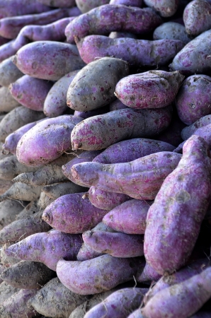 Sweet potato  Various fresh and healthy fruit and vegetables on traditional market stall display  Taken in West Java, Indonesia の写真素材