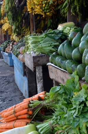 Various fresh and healthy fruit and vegetables on traditional market stall display  Taken in West Java, Indonesia の写真素材