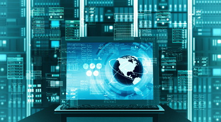 Visual  concept of an internet connected  laptop with server rack background doing virtually...