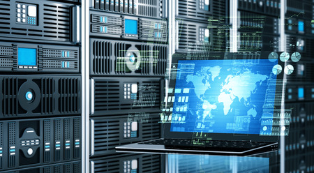 Visual  concept of an internet connected  laptop with server rack background doing virtually...