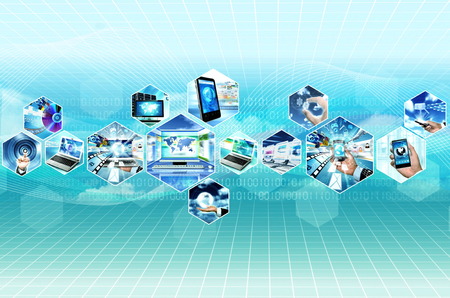 Internet multimedia concept with all gadget and computers connected to each other