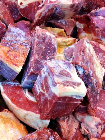Frozen beef meat display on food displayの写真素材