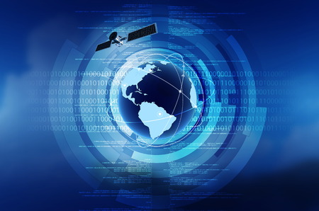 World wide internet connection concept with globe, satellite and blue blackgroundの写真素材