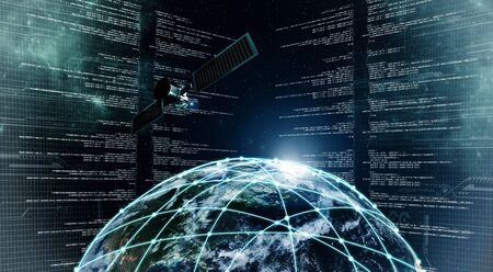 Internet Information technology image with outer space network connection over planet earthの写真素材