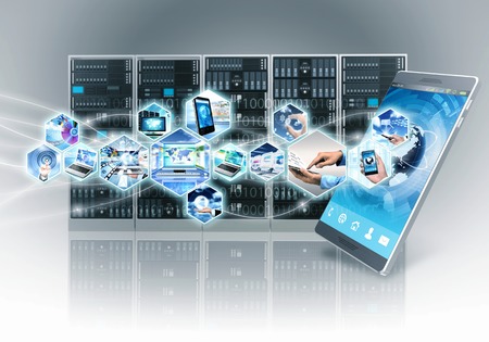 Conceptual image of internet and information technology with smart phone and server