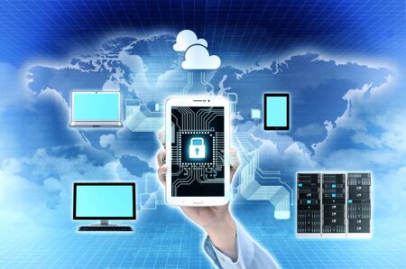 Concept of Secured internet and network connection between computer, gadget, server and cloudの写真素材