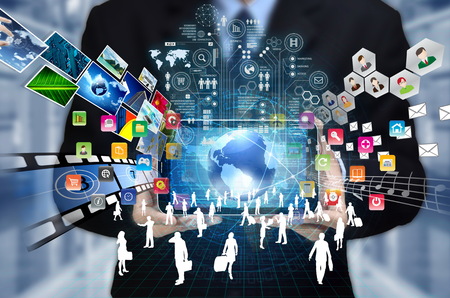Businessman showing the concept of internet as the place to share multimedia content