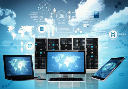 Internet and or network connection concept between computer, gadget, laptop and serverの写真素材