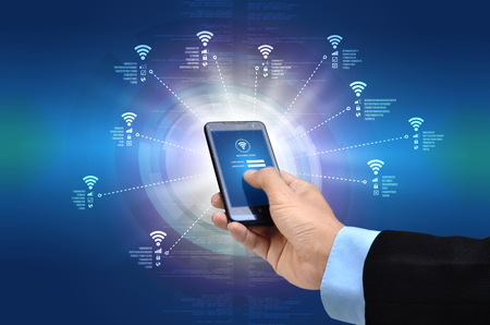 The conceptual image of smart phone search for internet network based on wifi signalの写真素材