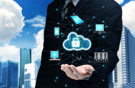 Businessman hand showing a secured nternet cloud technology services.