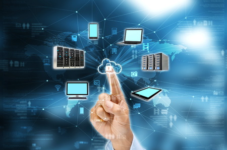 Businessman hand selecting a secured nternet cloud technology services.