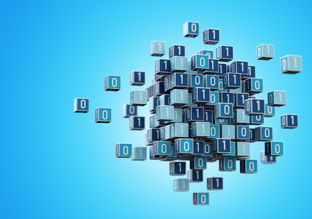 Internet digital big data management concept with cube colored with binary numbers with blue backgroundの写真素材