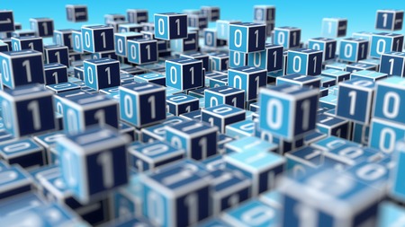 Internet digital big data management concept with cube colored with binary numbers with blue backgroundの写真素材
