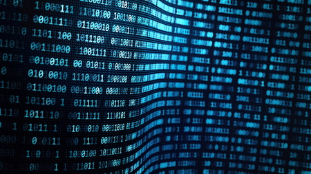 Internet information data flow concept with binary number on screen, close up and shallow dept of fieldの写真素材