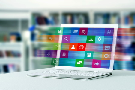 a laptop computer shows a process of browsing application and multimedia content on internet.Mixed media 3d render and photo.の写真素材