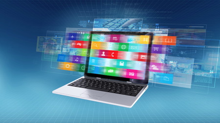 a laptop computer shows a processing information and multimedia data in fast paced speed.Mixed media 3d render and photo.の写真素材