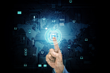 Conceptual technology image of secure internet network being pick by businessman finger