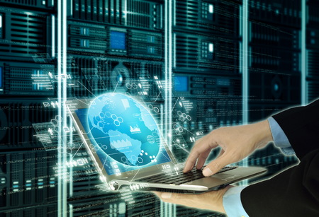 Internet Programming Technology Concept with laptop showing script and data process activity