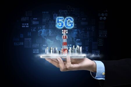 5G internet broadband infrastructure network concept. Mixed media.の写真素材