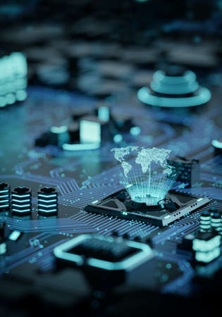 Conceptual image of internet worldwide network with motherboard and connection image. 3 d Render. Vertical.の写真素材