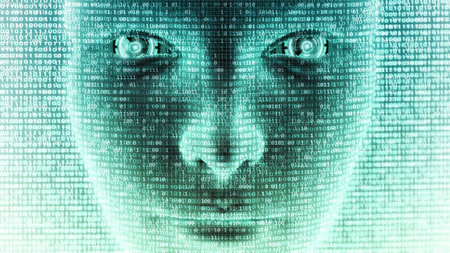 Conceptual image of artificial intelligence with virtual face doing background data processingの写真素材