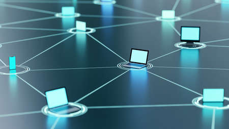 Internet information technology conceptual image of communication between smart phone, computer, laptop and tablet. 3d Render image.の写真素材