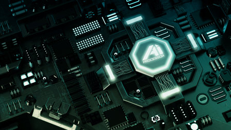 Conceptual image of Artificial Intelligence technology processor doing data processing on motherboard. 3d render.の写真素材