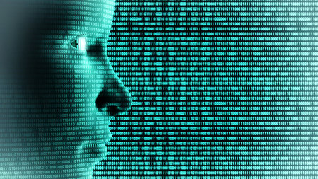 Conceptual image of artificial intelligence with virtual face doing background data processingの写真素材