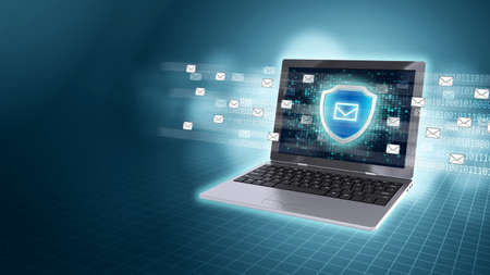 Internet email security image concept with blue background and technology style. 3d Rendered image.の写真素材