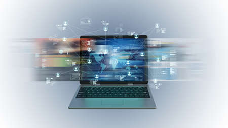 Internet social media information technology and networking conceptual image. 3d Rendering. With people icon connected and engaged in digital information.の写真素材