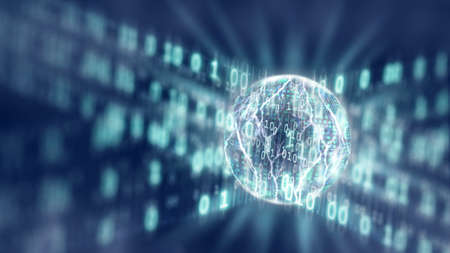Internet information technology conceptual image with data transmission and processing over a sphere shape processor core. In blue background.の写真素材