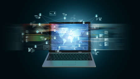 Internet Social media information technology and networking conceptual image. 3d Rendering. With people icon connected and engaged in digital information.の写真素材