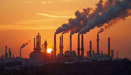 Industrial pollution  and global warming conceptual images with an industrial site chimney emitting hazardous smoke into open airの写真素材