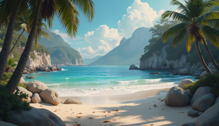 Heavenly Beautiful untouched and unvisited raw beach . A heavenly beautiful beach images for your design project.  With Blue sky, white sands, coconut tree in a tropical island. A graphic Illustration piece with mixed media source. Photo, Illustration, 3D Rendering or some degree of AI image generation and alteration might be used to create this image.の写真素材