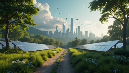 A digital Illustration of a solar panel field with a majestic futuristic city on the background. A conceptual illustration of renewable energy based on solar panel photovoltaic elements. A digital Illustration composed with mixed media source elements. Photography, illustration, drawing, 3D Rendering and some degree of AI image processing and enhancement will be used whenever means necessary to produce the best quality image.の写真素材