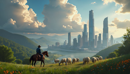 A digital illustration of a cowboy herding a flock of sheep in a beautiful and majestic setting. The illustration is composed with mixed media source elements, including photography, illustration, drawing, 3D rendering, and AI image processing and enhancement.の写真素材